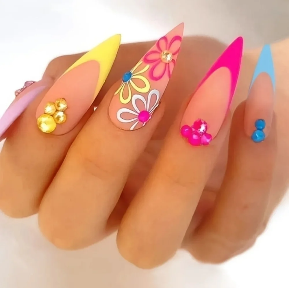 🔥3/$21 Colorful French flowers Rhinestones almond shaped Press on False nails